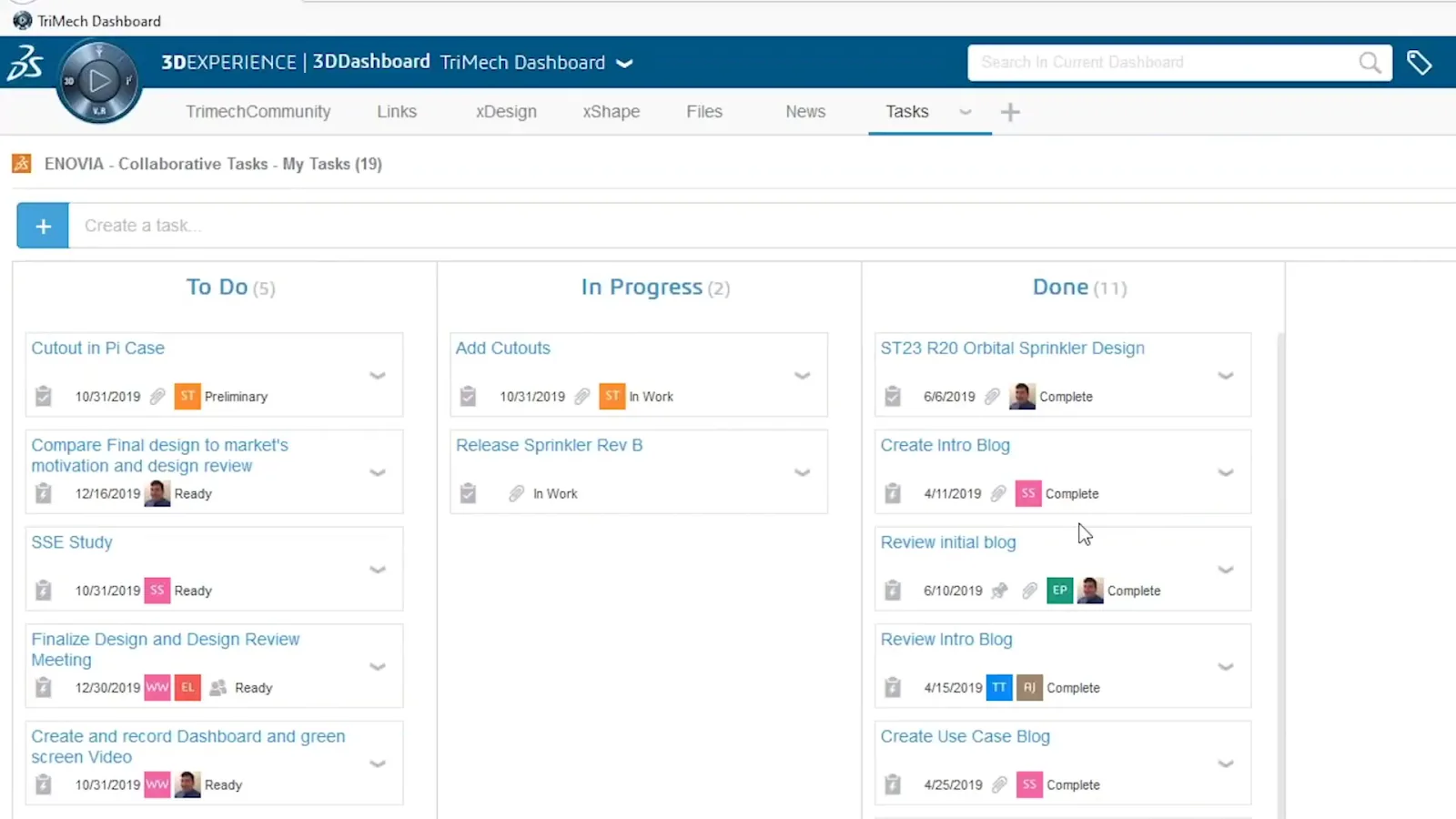 ENOVIA Collaborative Tasks kanban board with engineering tasks
