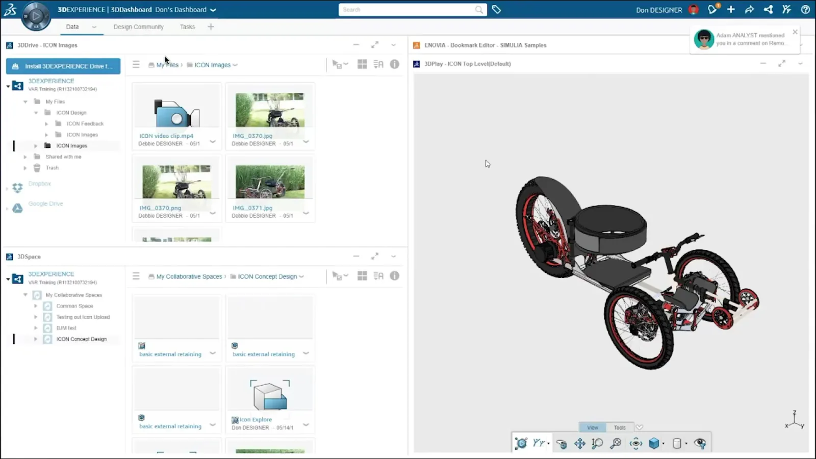 Multi-panel 3DDashboard combining file browser, space, and 3D viewer