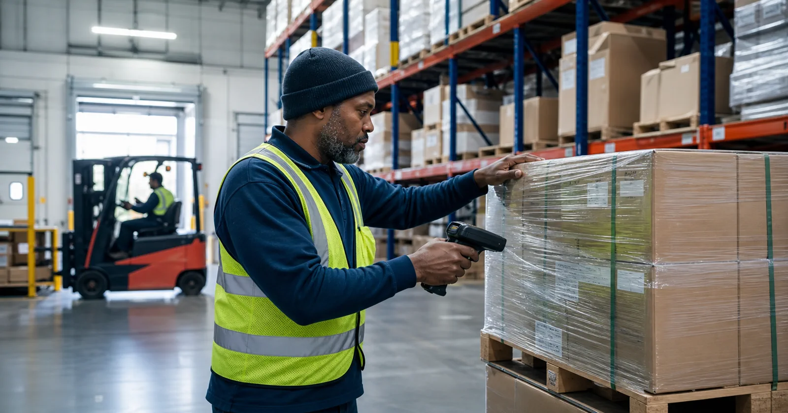 Shipping specialist scanning a finished-goods pallet in a warehouse