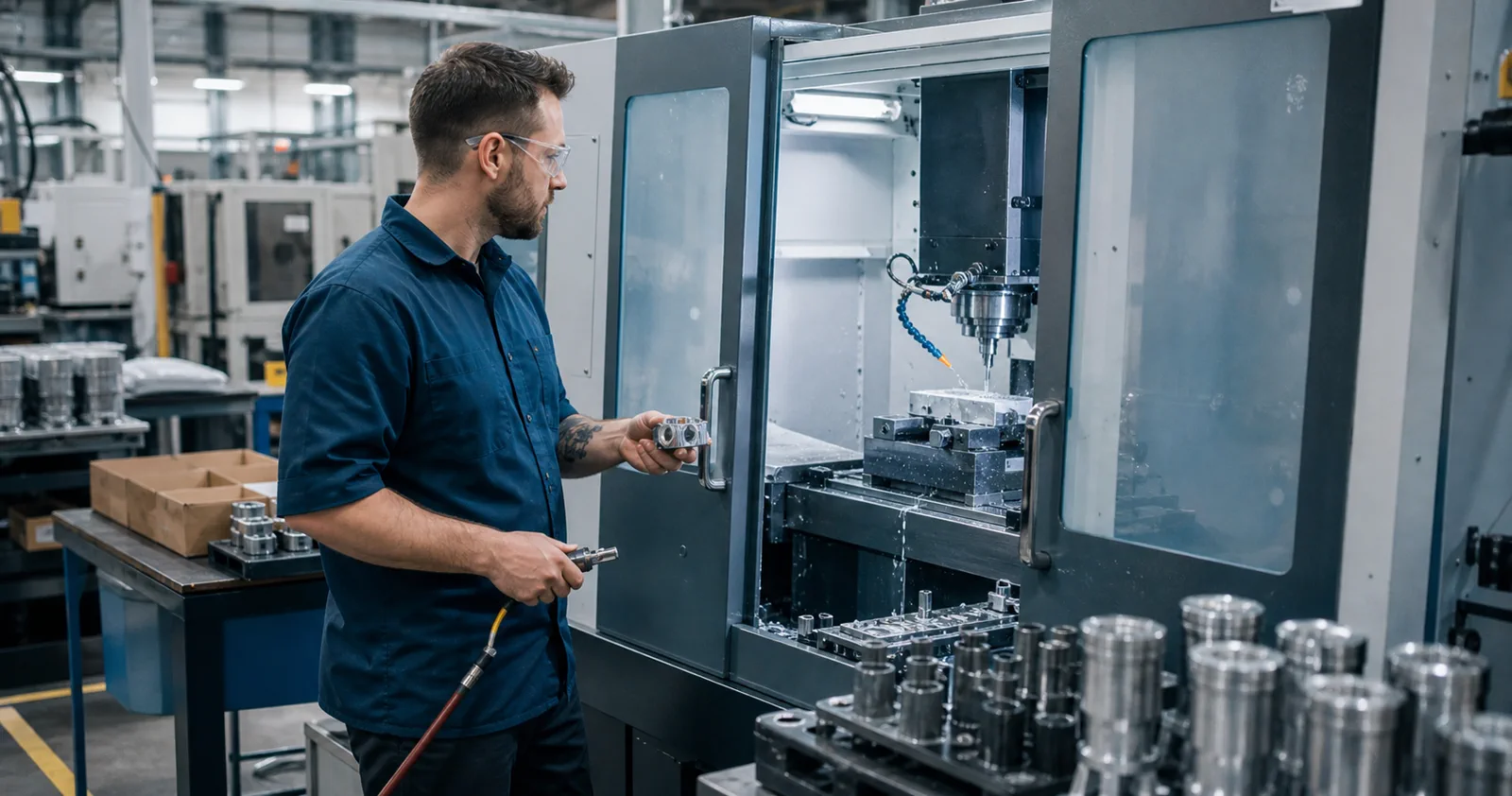 Machine operator supervising an active CNC machining cell