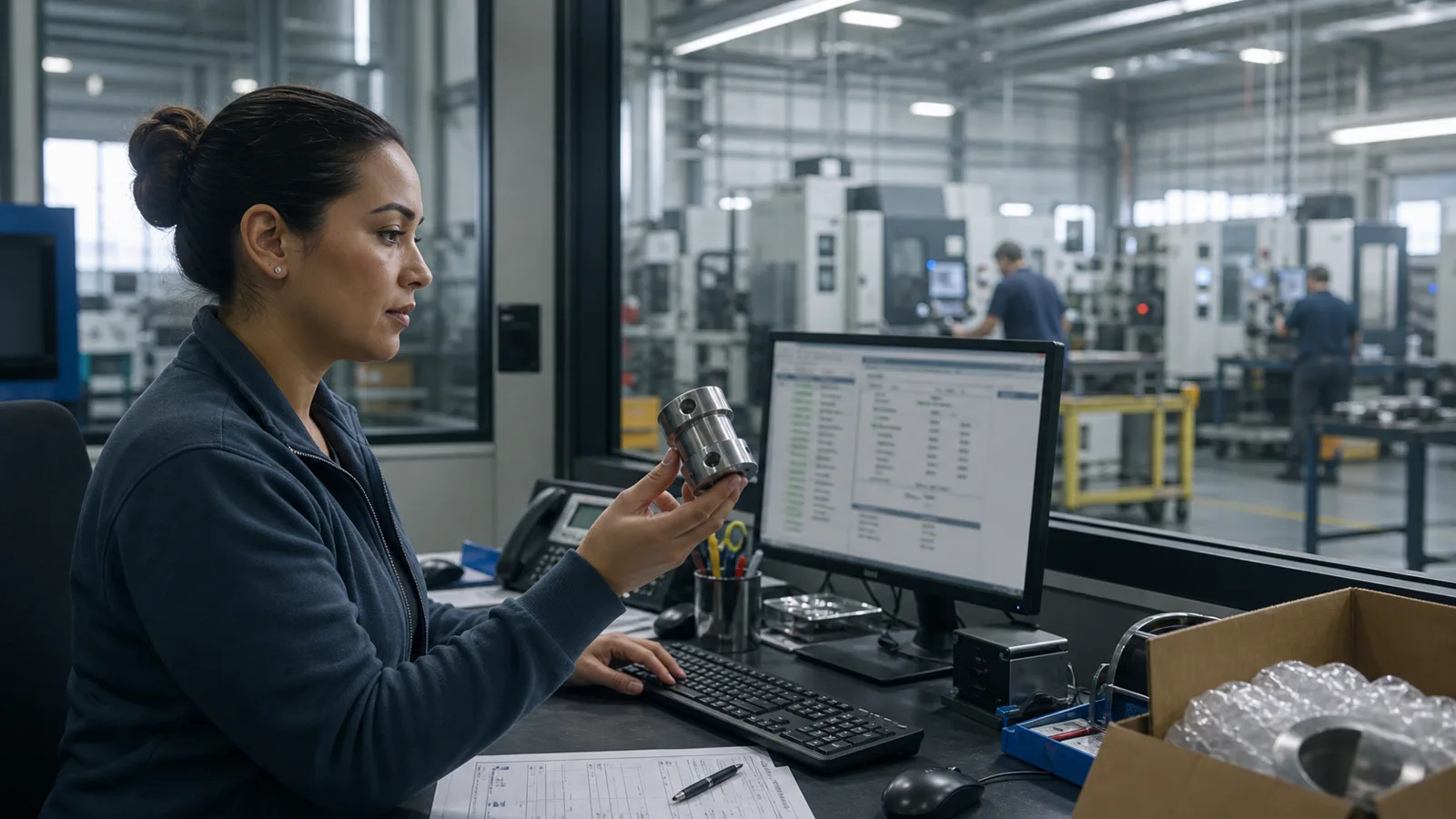 Manufacturing coordinator reviewing a customer order beside a machined component