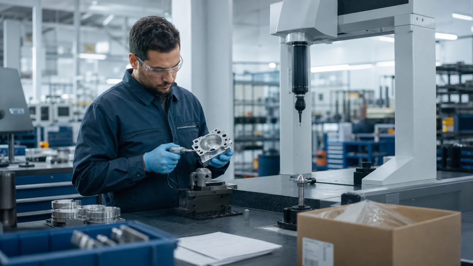 Quality technician inspecting a precision component at a metrology station