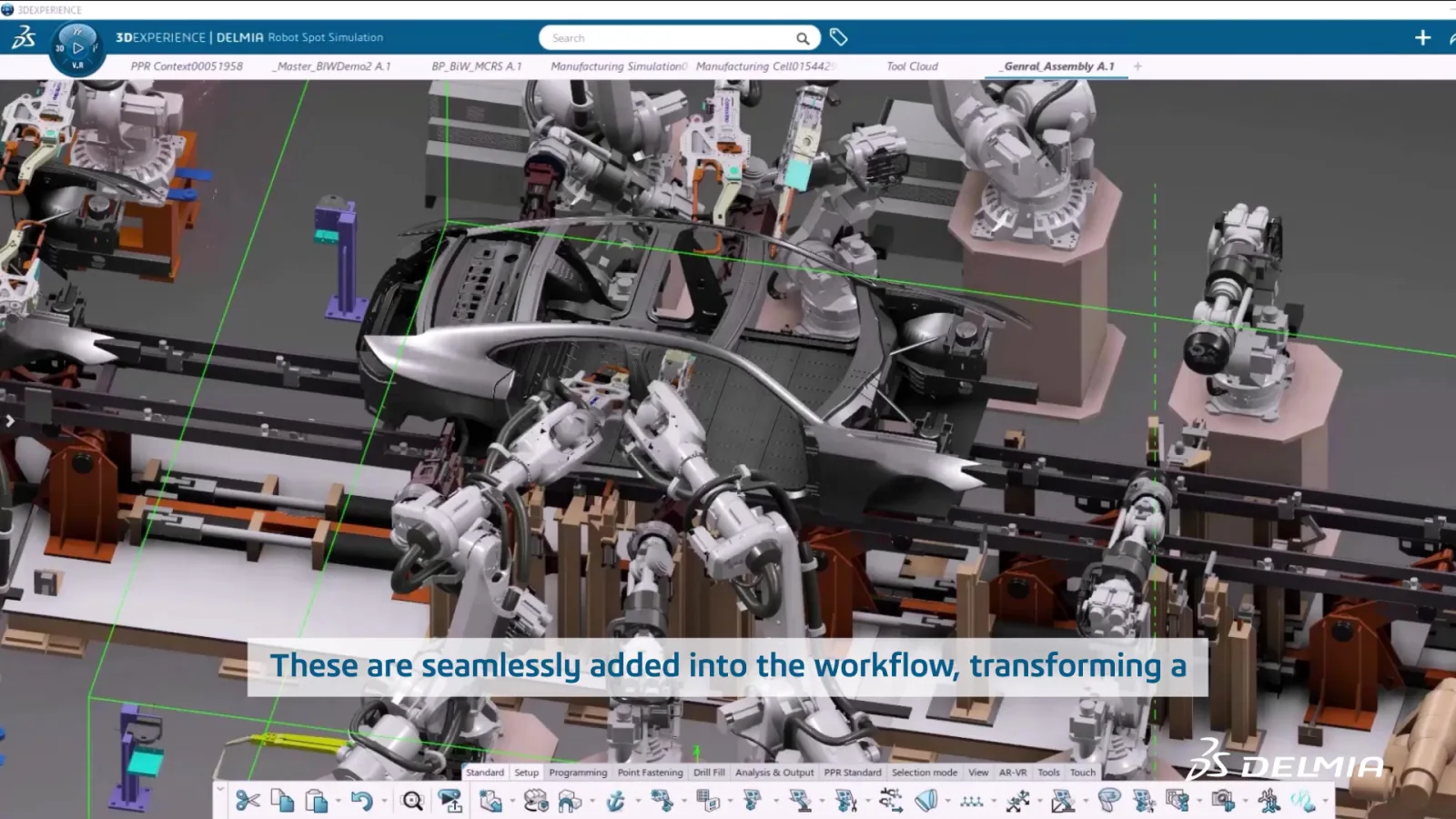 Complex car body assembly cell with multiple robotic arms
