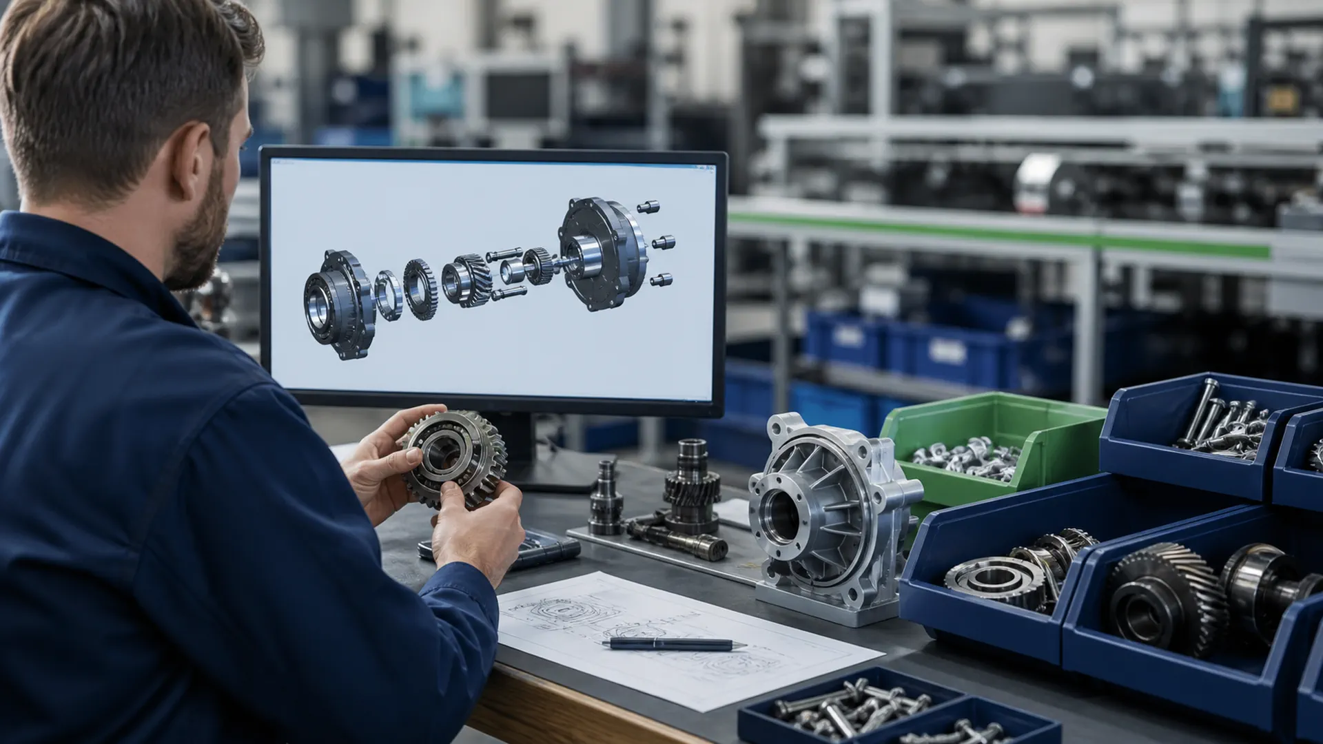 Manufacturing engineer comparing an exploded digital assembly with physical production parts