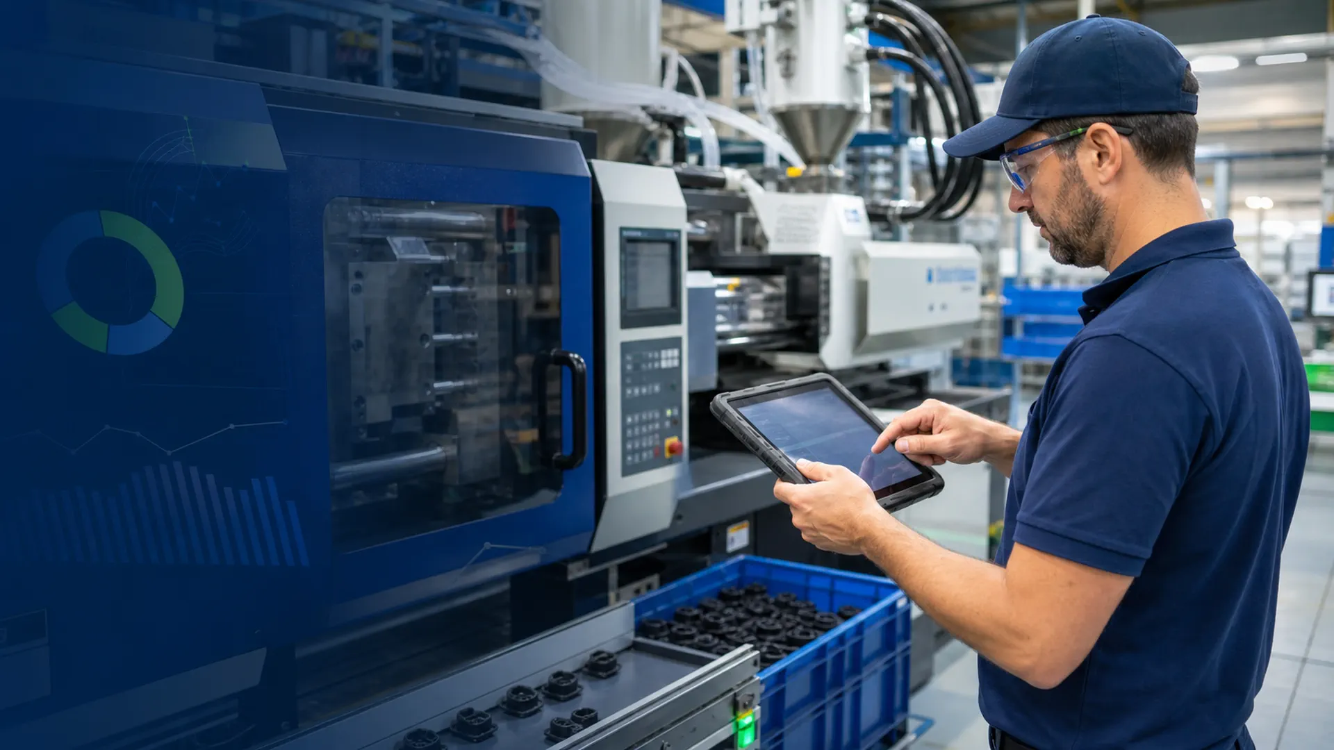 Manufacturing operator using a tablet beside an injection molding machine