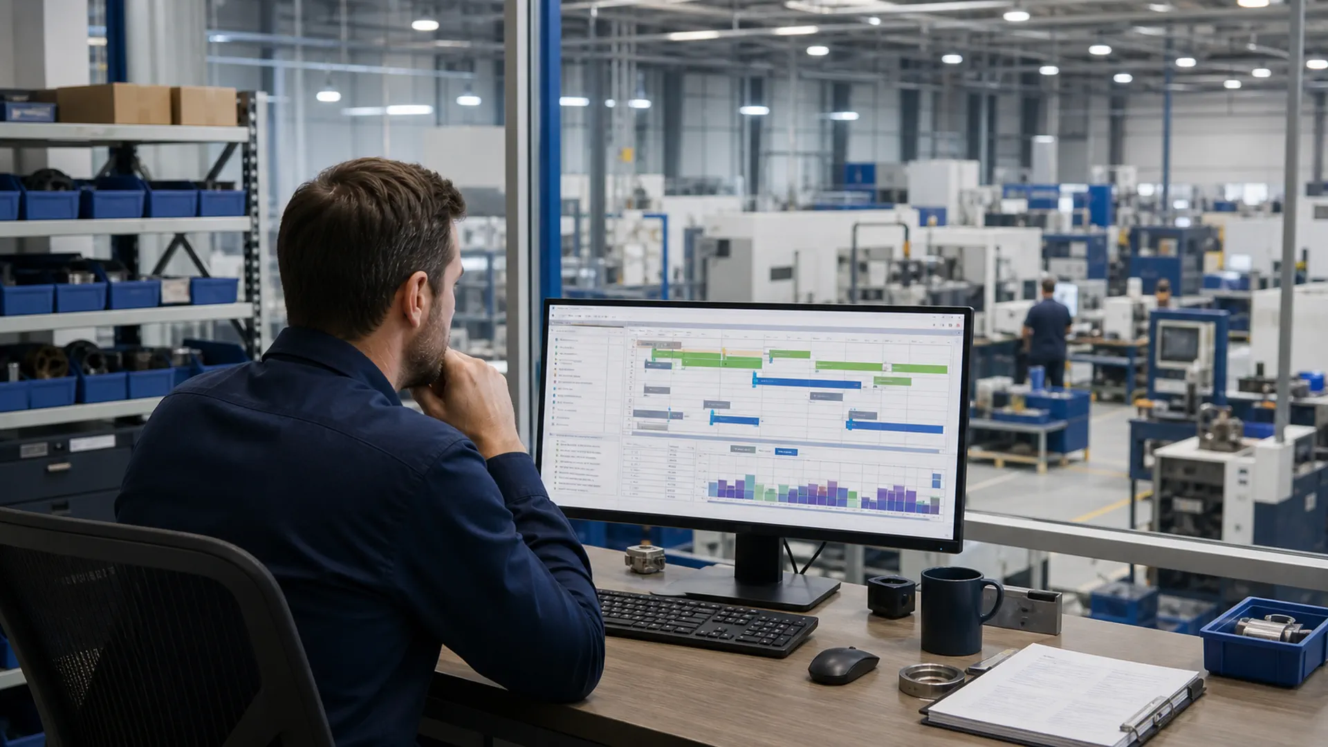 Production planner reviewing material and capacity schedules above a manufacturing floor