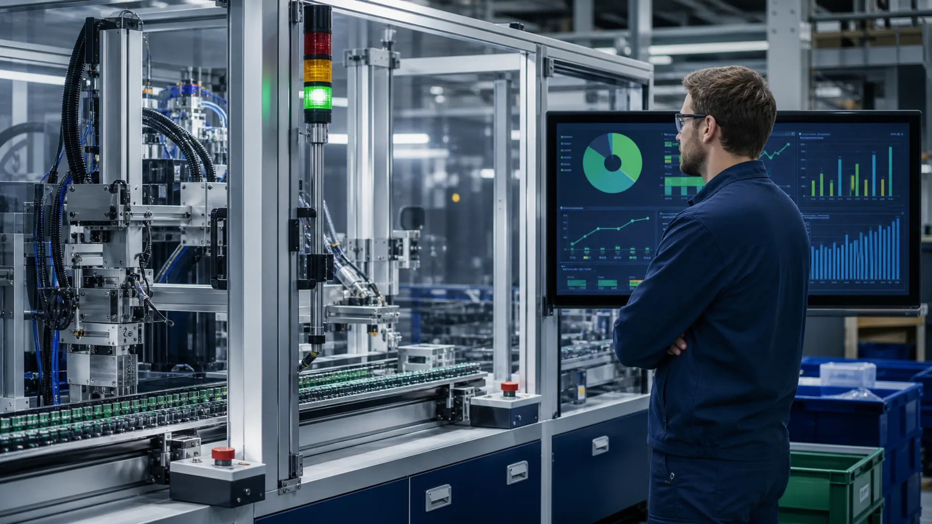 Engineer reviewing production performance beside an automated manufacturing line