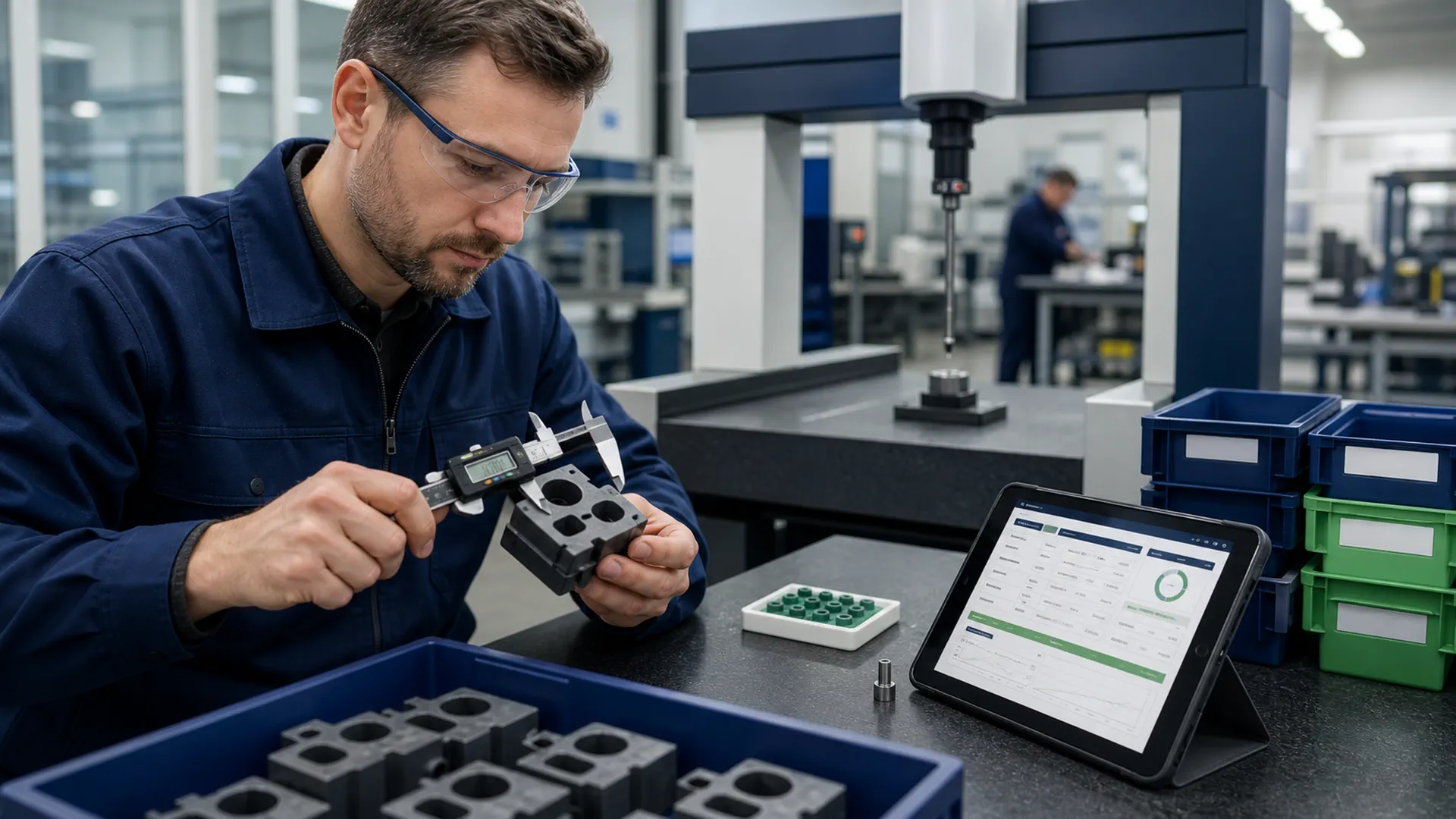 Quality technician inspecting a manufactured component with digital calipers and a CMM