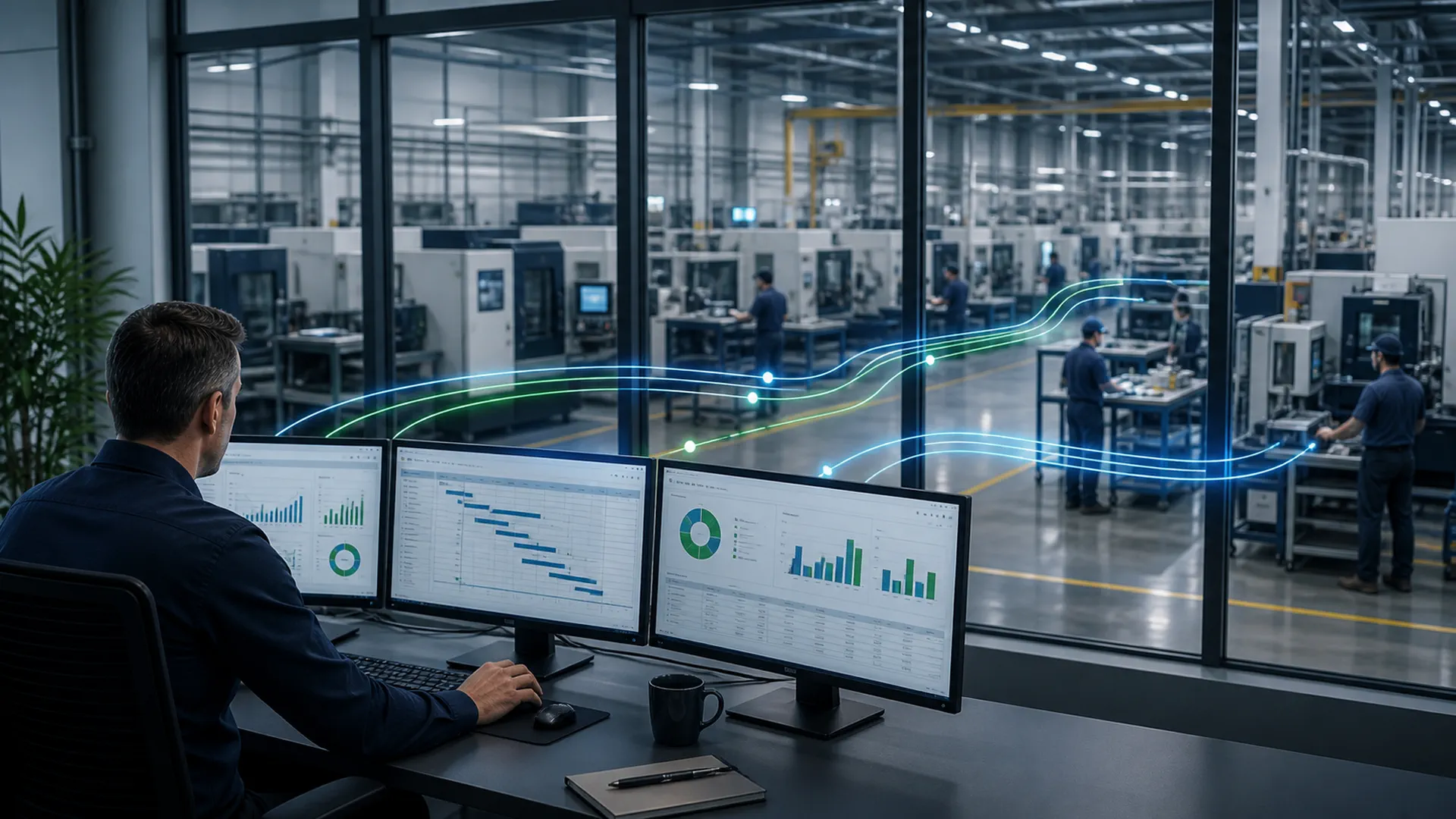 Operations room connecting business planning systems with machines on a factory floor