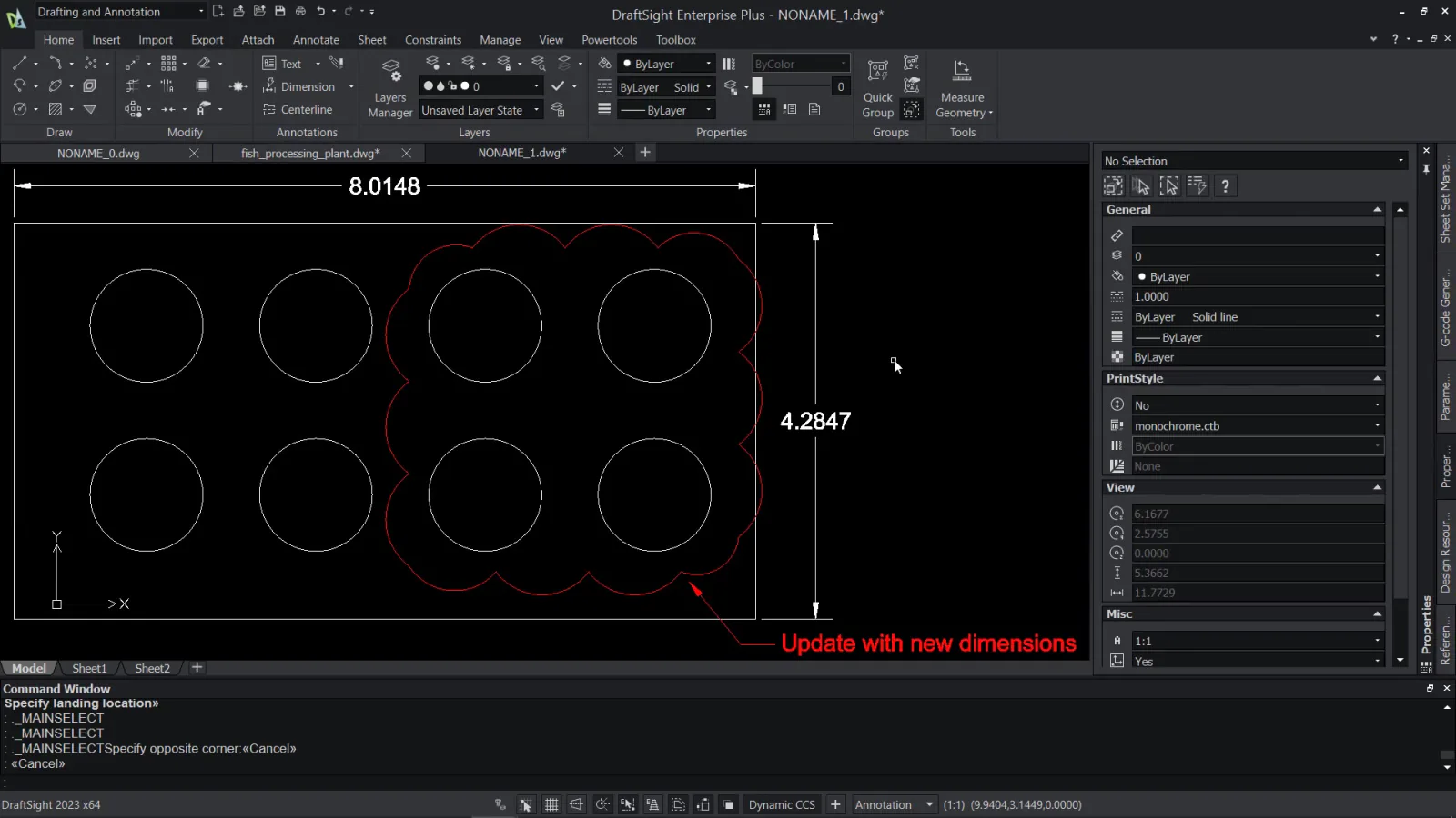 DraftSight 2D drafting workspace with dimensioned mechanical drawing and layer panel