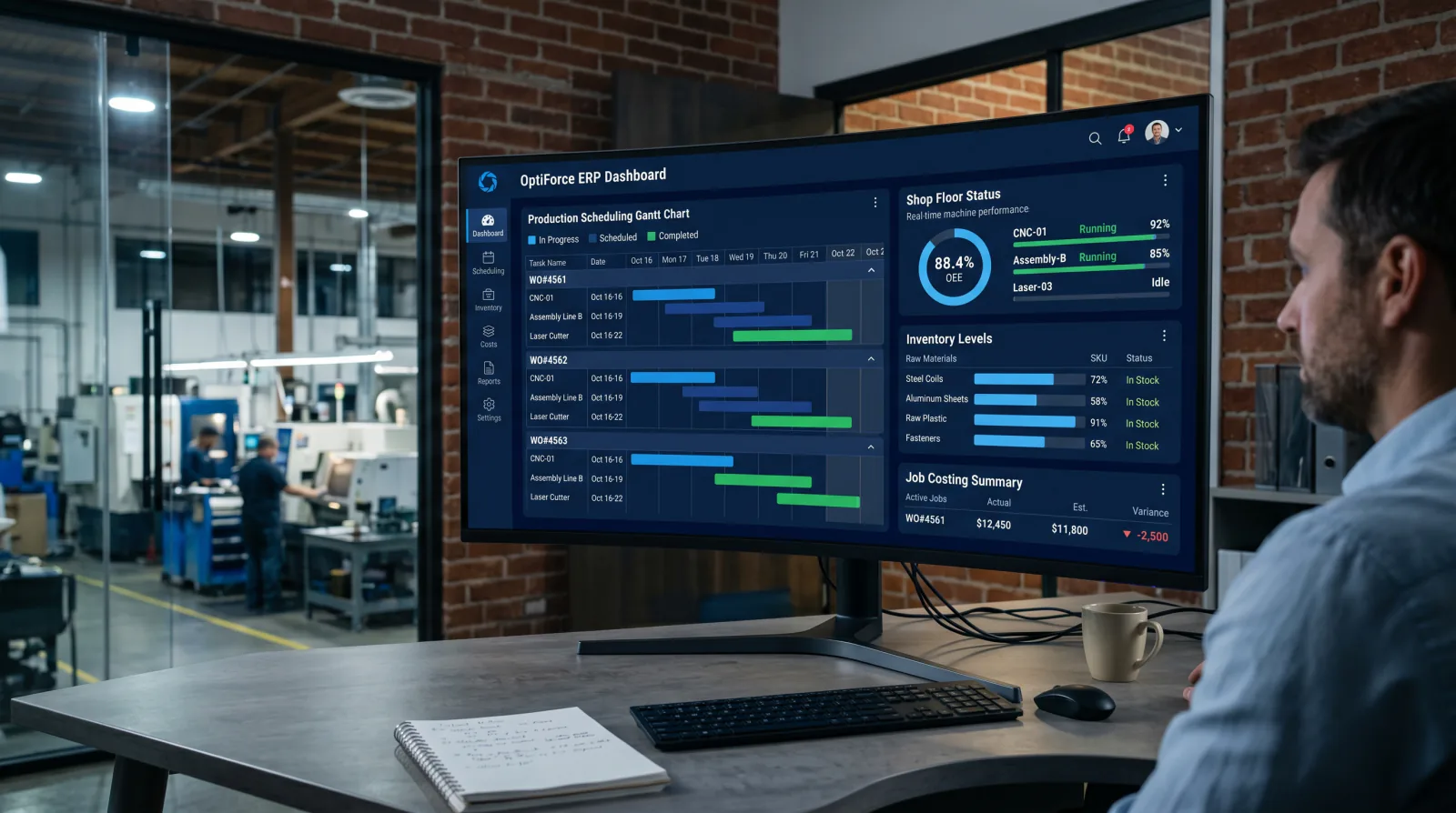 Manufacturing ERP dashboard showing production scheduling, shop floor status, and inventory