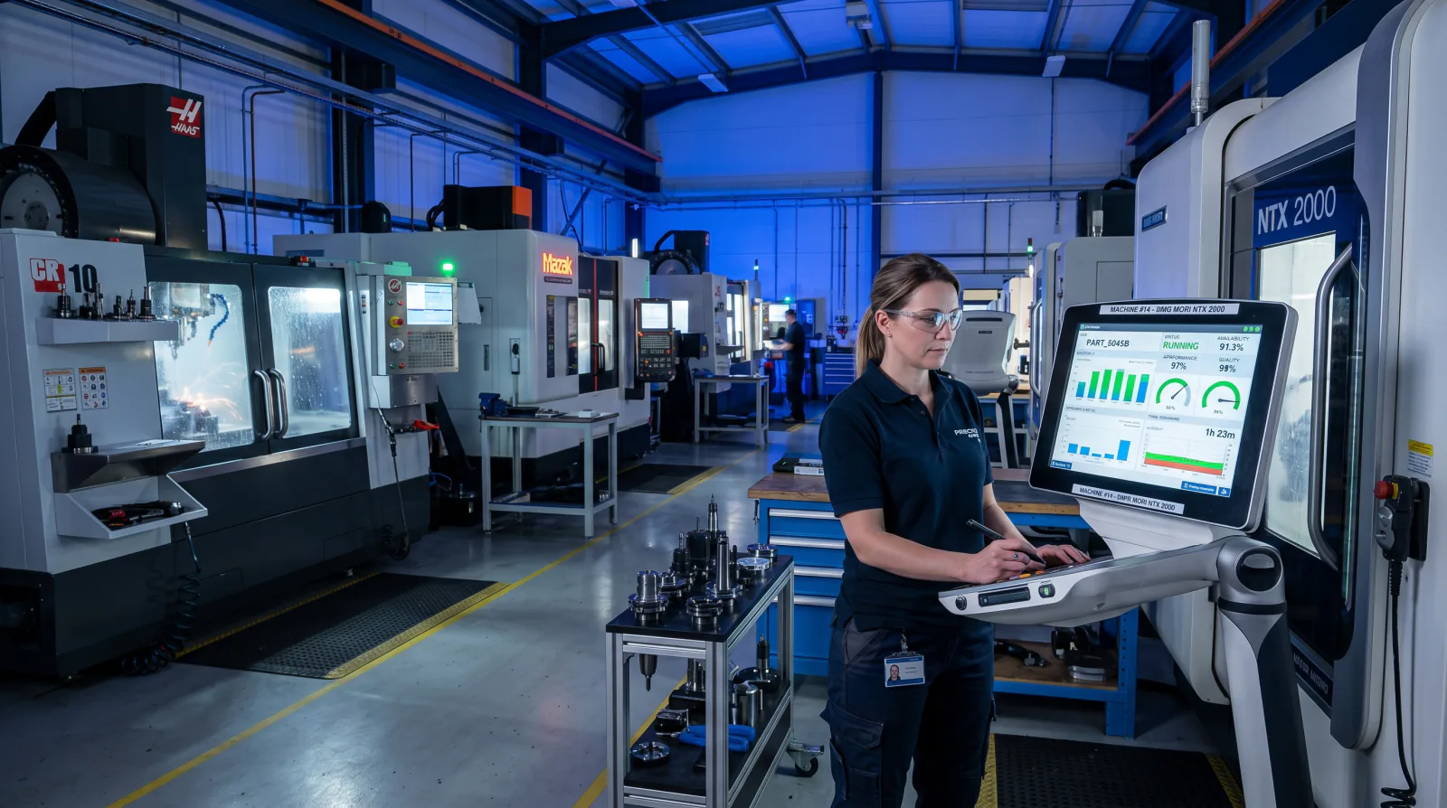 DELMIAWorks RealTime production monitoring showing machine status across a shop floor