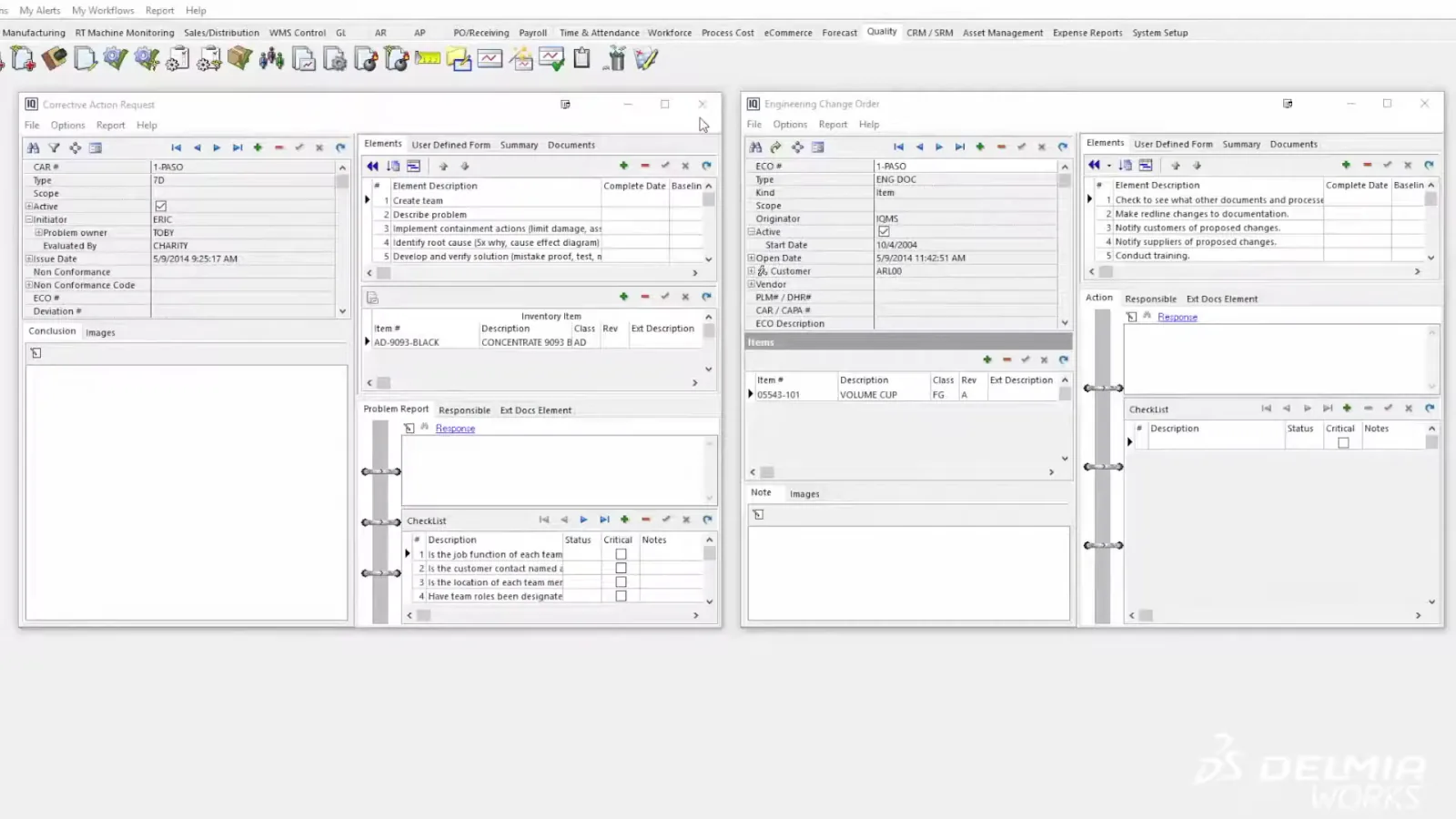 DELMIAWorks QMS module menu — FMEA, Risk Assessment, Control Plan, Inspection Setup, Quick Inspection, and Record Approval