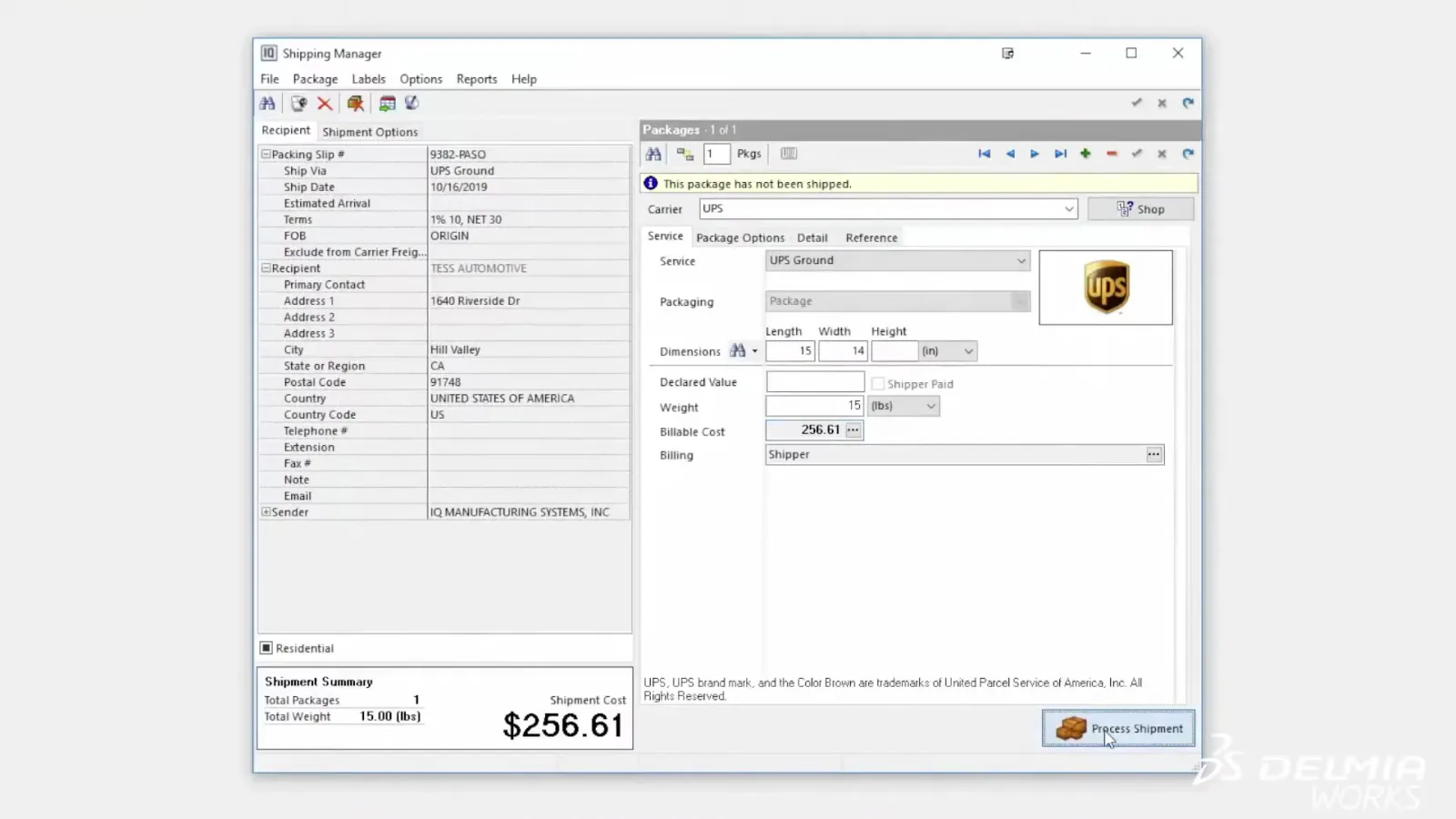 DELMIAWorks WMS shipping screen showing lot tracking, inventory locations, and shipment documentation