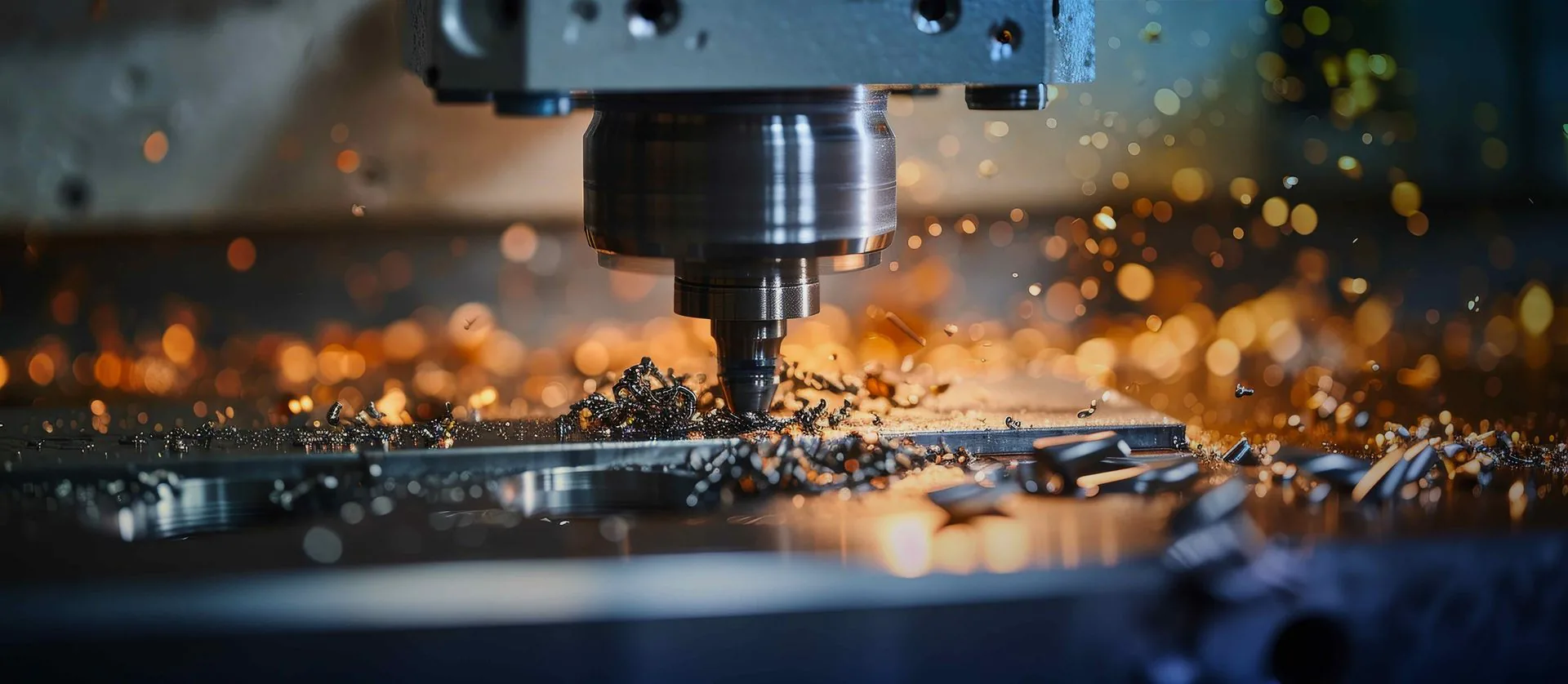 CNC mill cutting a metal part with chips flying