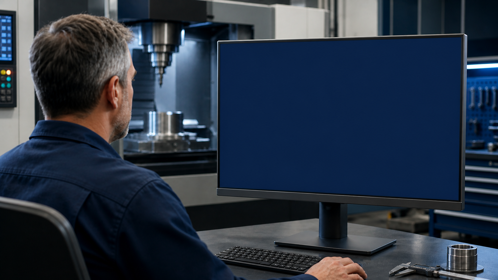 Manufacturing professional reviewing an HSMWorks end-of-life notice on a monitor