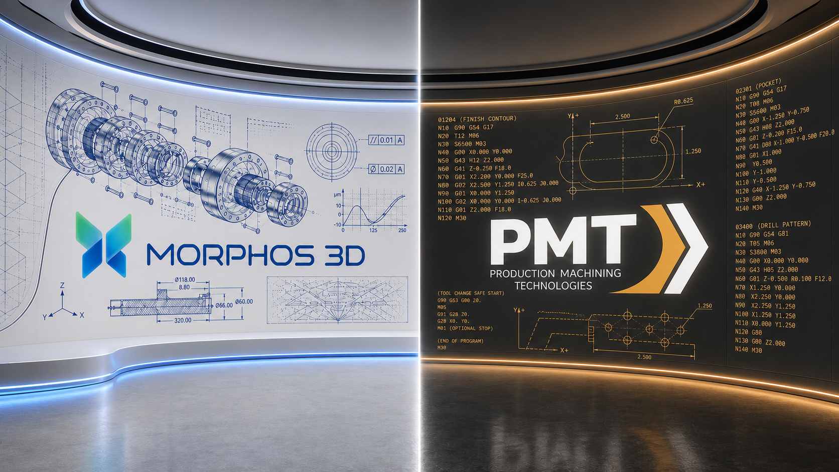 Morphos 3D and Production Machining Technologies partnership graphic showing CAD drawings and CNC code