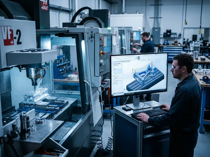 Machinist at a Haas CNC mill with SOLIDWORKS CAM toolpaths on the monitor