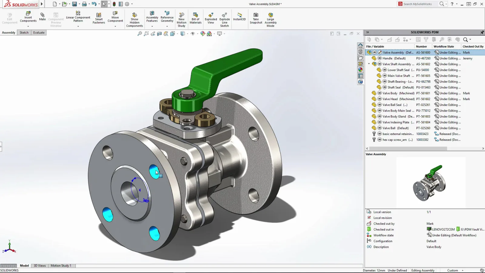 SOLIDWORKS PDM vault showing file revisions and check-in status