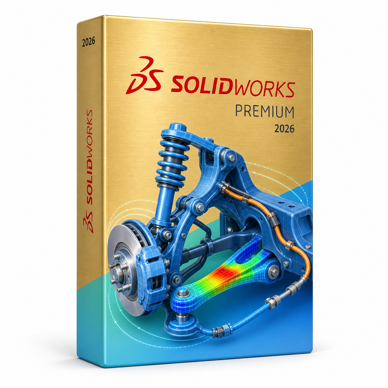 SOLIDWORKS Premium 2026 package with an automotive suspension, stress analysis, routed cables and tubing, and motion paths