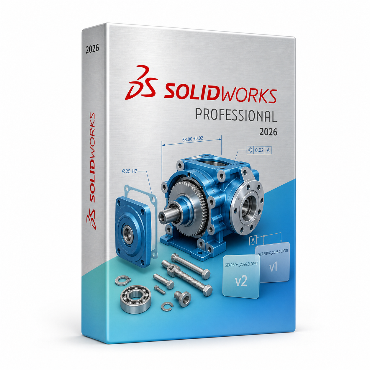 SOLIDWORKS Professional 2026 package with a precision gearbox, standardized fasteners, tolerance callouts, and file versions