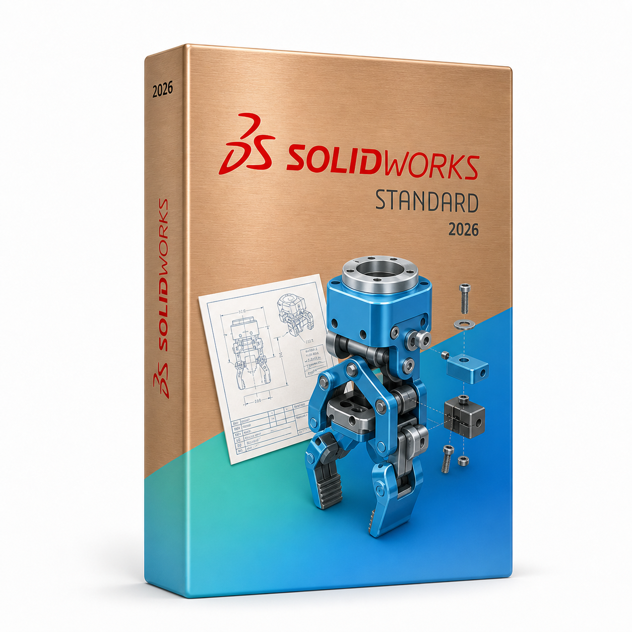 SOLIDWORKS Standard 2026 package with a robotic gripper assembly, exploded parts, and a drawing sheet