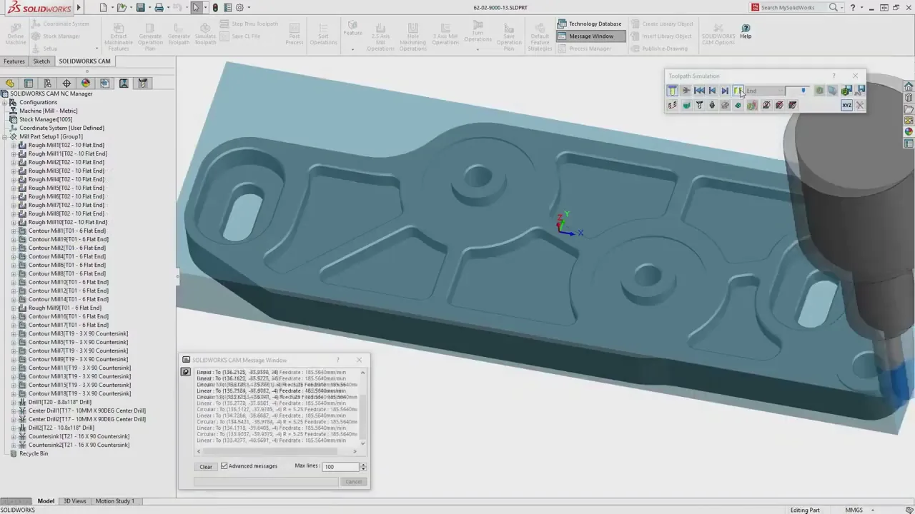 SOLIDWORKS CAM toolpath simulation on a machined part