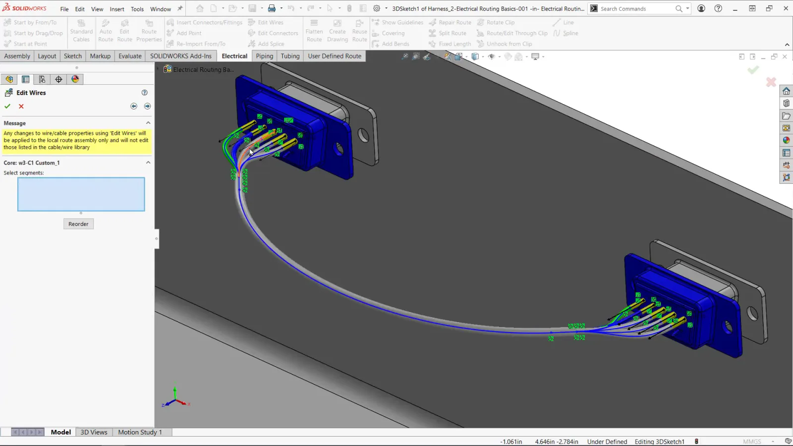 SOLIDWORKS Electrical 3D showing cable harness routing through a mechanical assembly