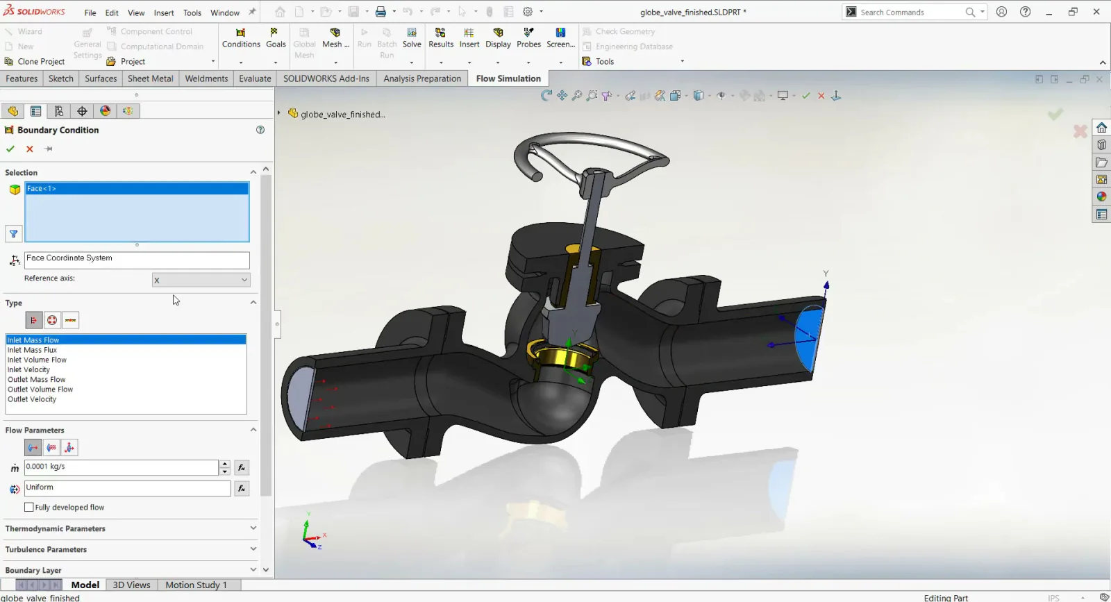 SOLIDWORKS Flow Simulation jet velocity contour plot with blue gradient flow visualization