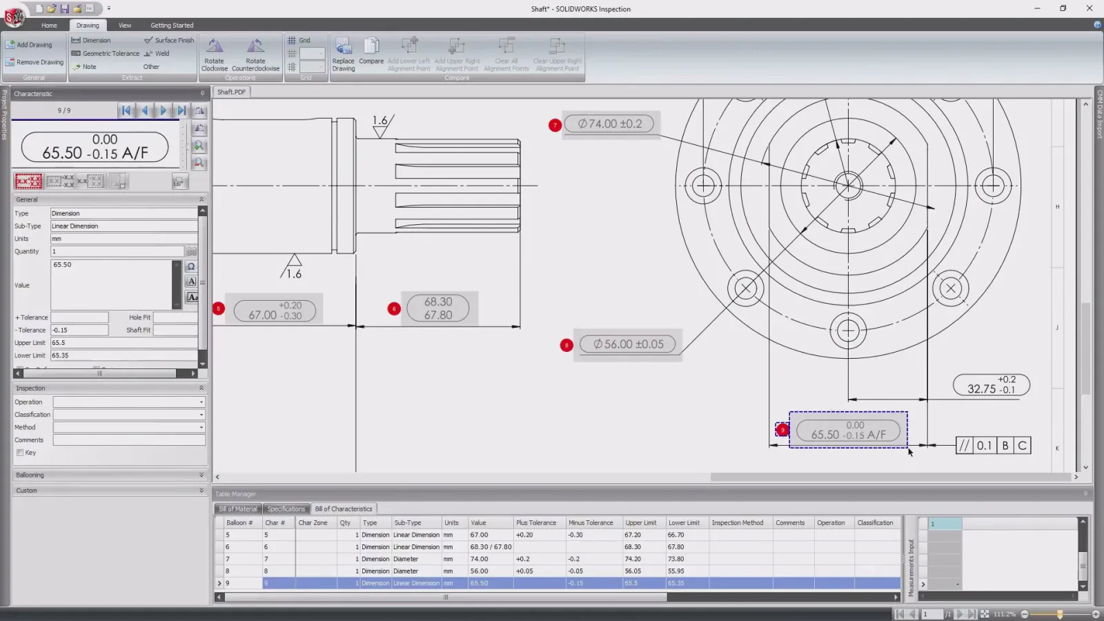 Full Inspection UI with BOM and characteristics table