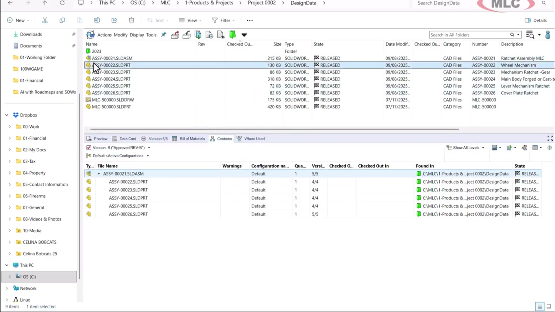 SOLIDWORKS PDM BOM contains view showing component list with revision history and RELEASED status indicators