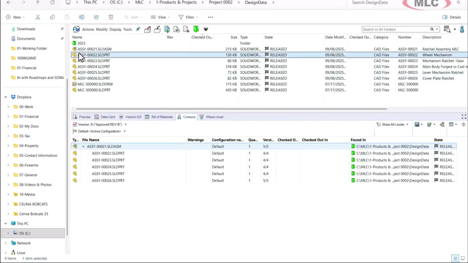 SOLIDWORKS PDM BOM contains view showing component list with revision history and RELEASED status indicators