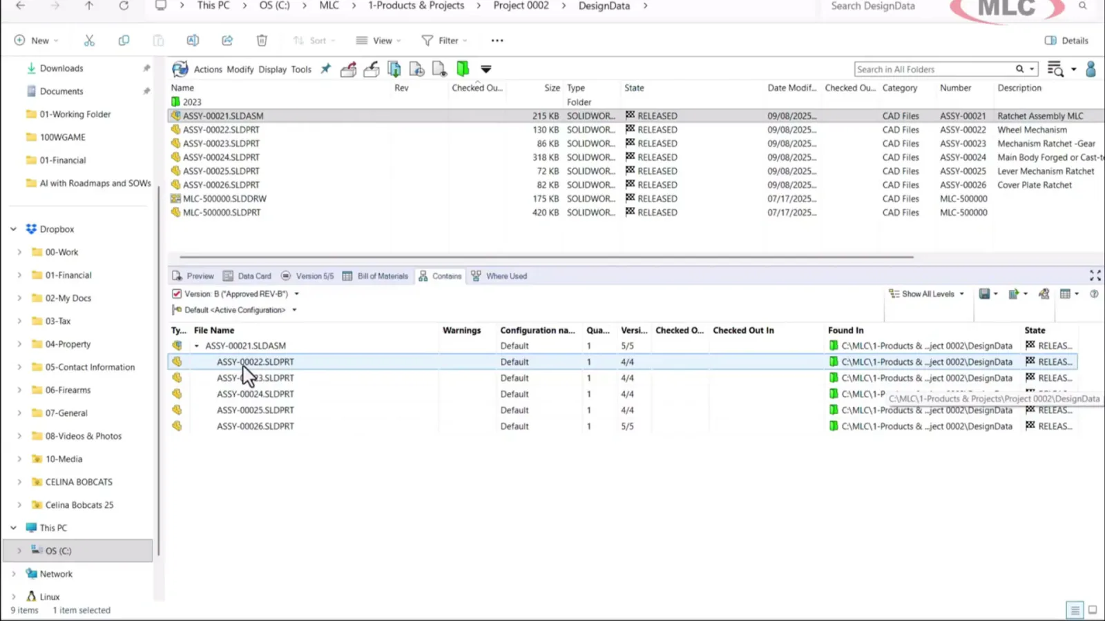 SOLIDWORKS PDM component dependency tree showing assembly hierarchy with version numbers and part references