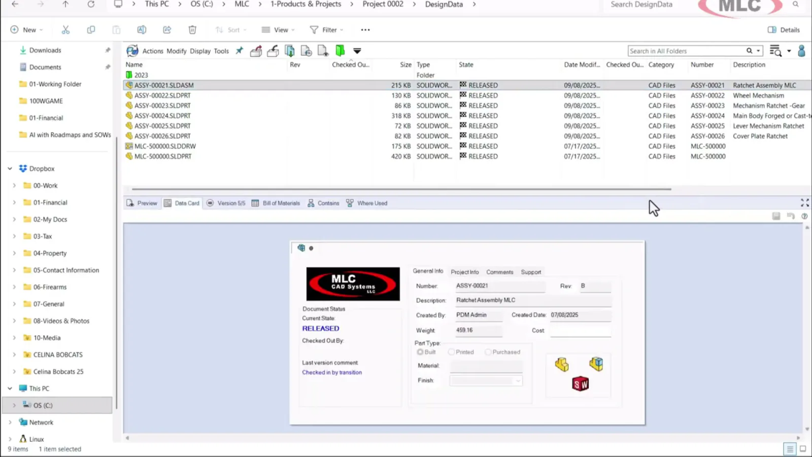 SOLIDWORKS PDM assembly data card showing metadata fields including part number, material, revision, and approval status