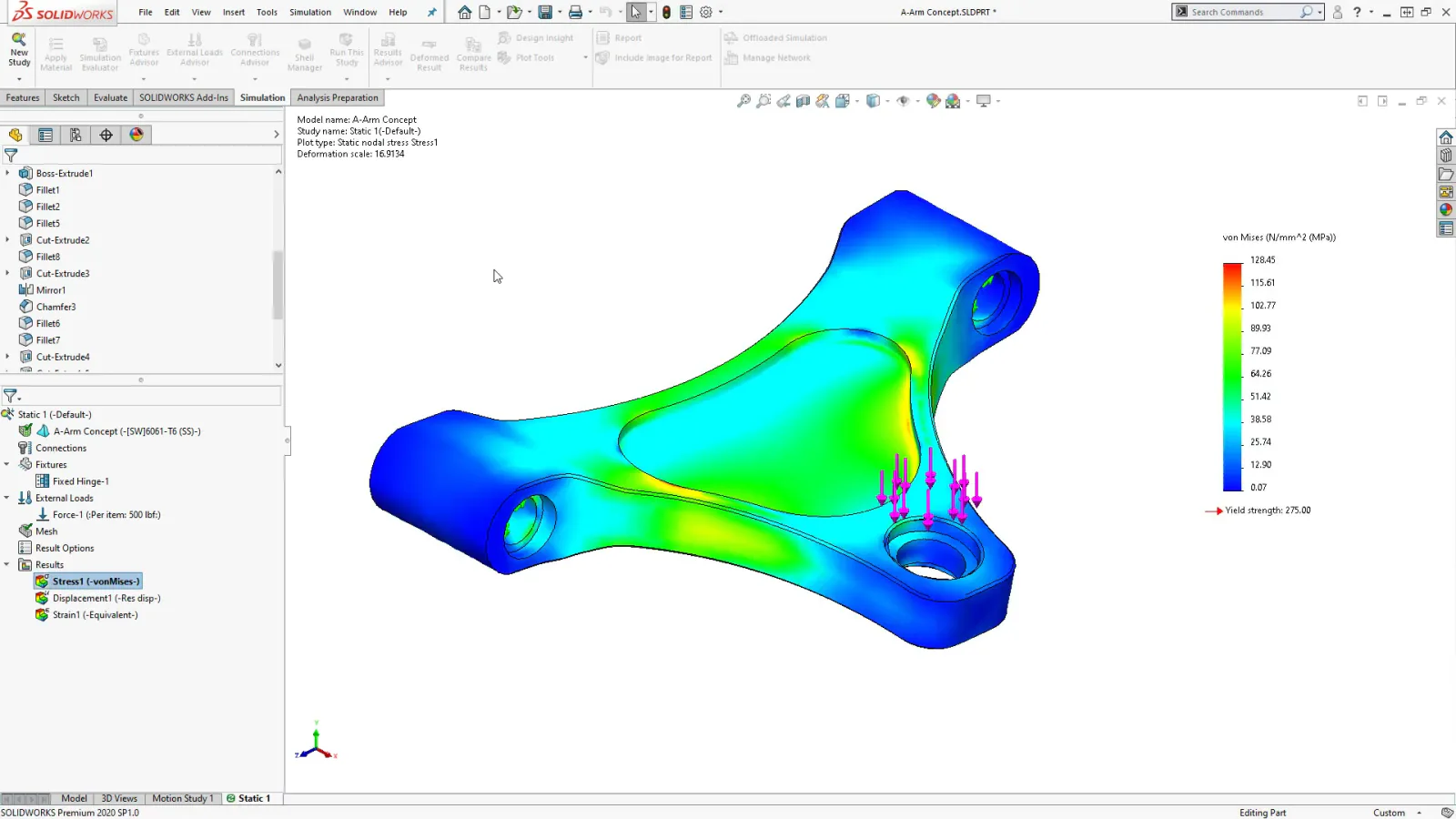 SOLIDWORKS Simulation von Mises stress heat map showing stress distribution across a machined part