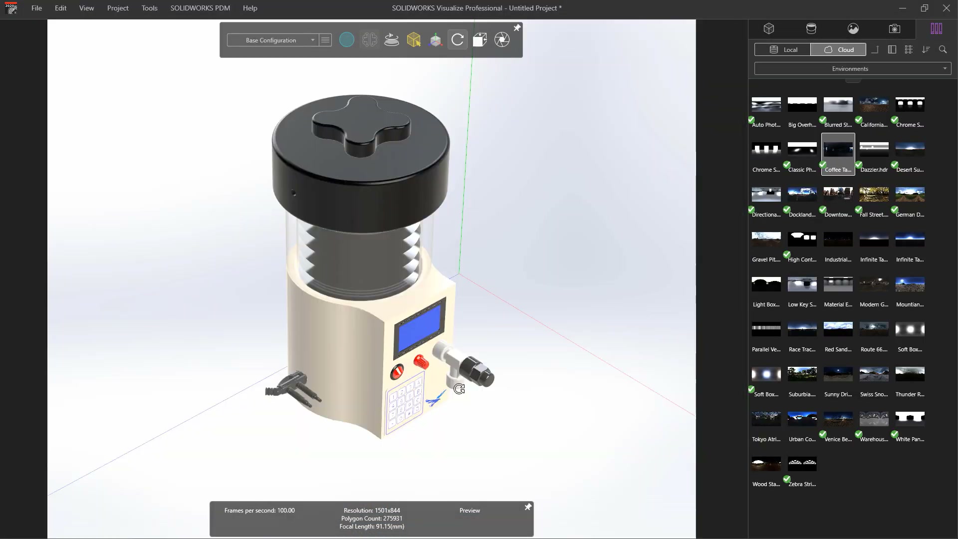 SOLIDWORKS Visualize HDRI environment library panel showing 35+ thumbnail previews